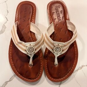Nautica Women's Brown Leather Flip Flops with Cream Striped Straps